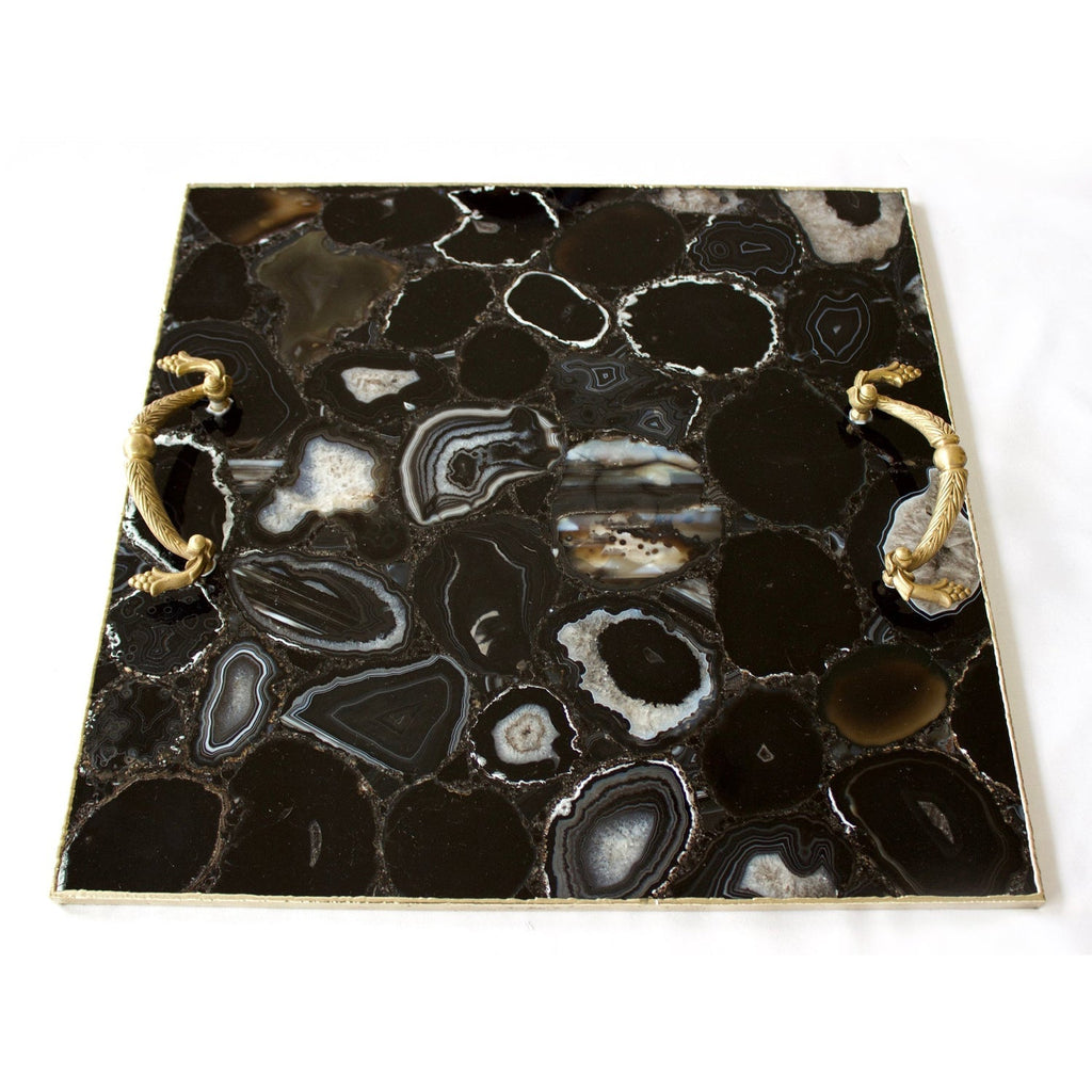Black Agate Serving Tray With Brass Handles | Square